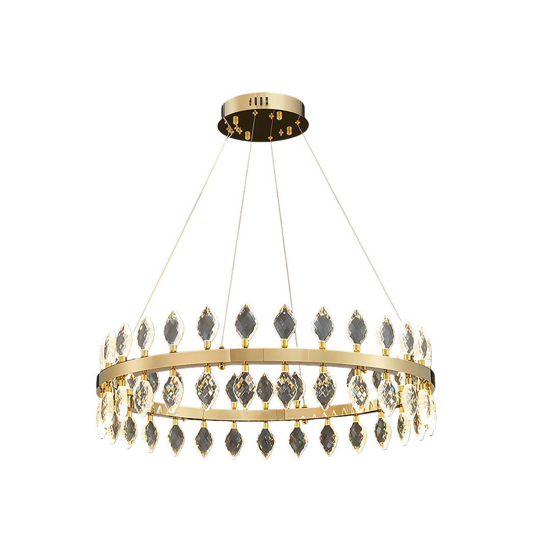 Medium-sized crystorama chandeliers with gold finish and clear crystals.