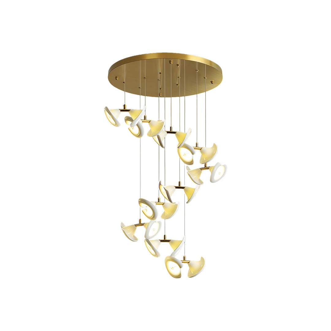 Medium-sized modern brass ceramic chandeliers featuring cascading spiral design.