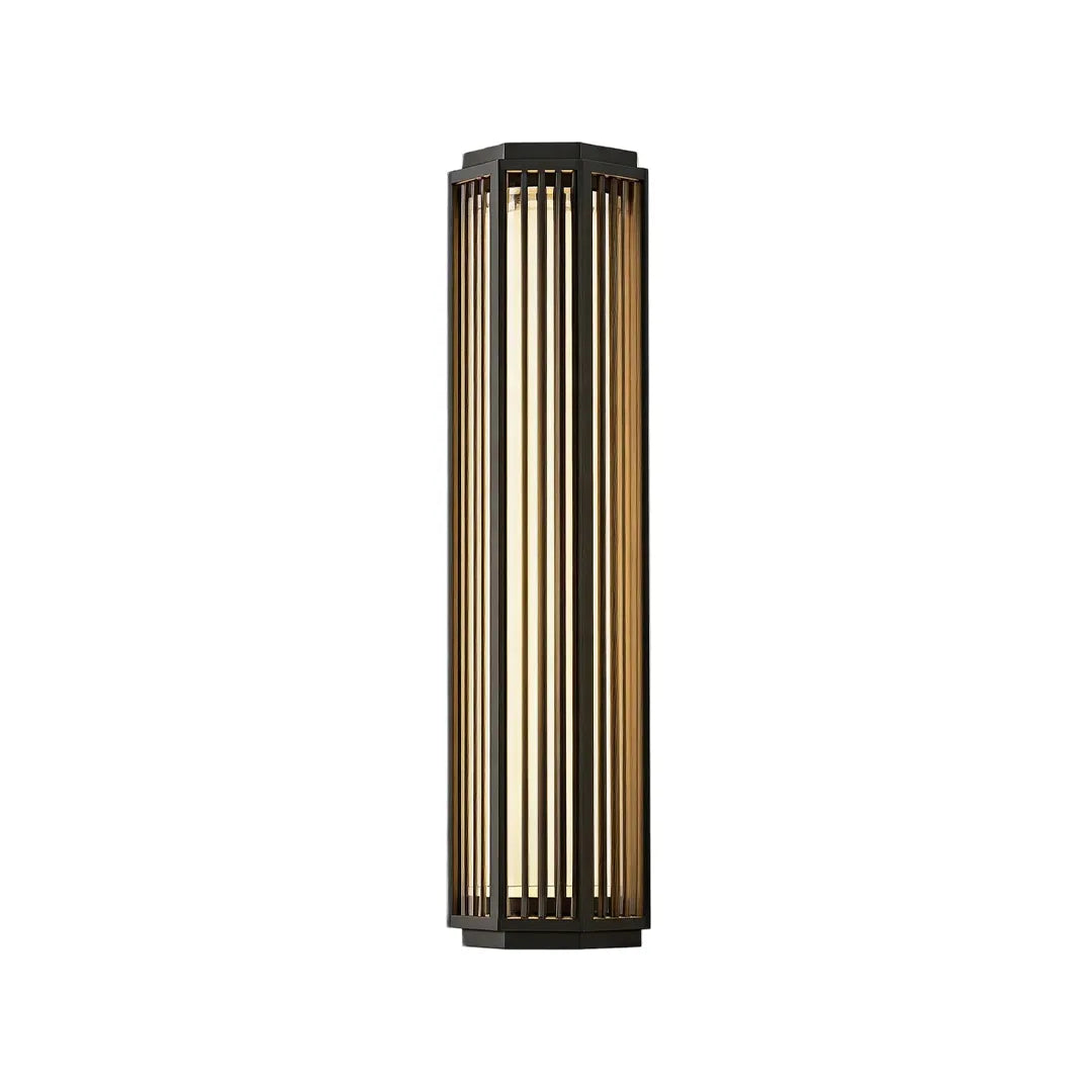 Medium outdoor wall sconce with black metal bars and warm vertical lighting