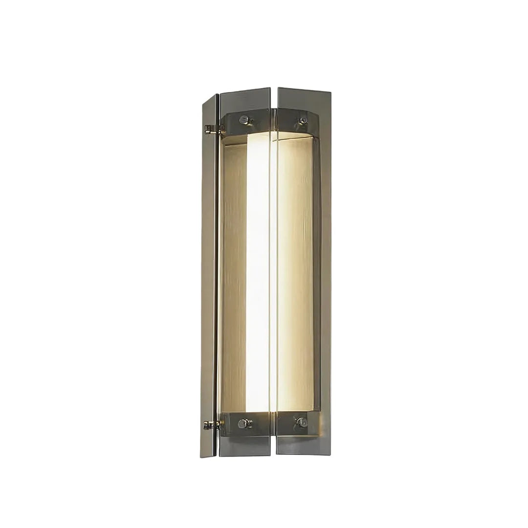 Medium outdoor wall sconce with silver metal frame and warm vertical lighting