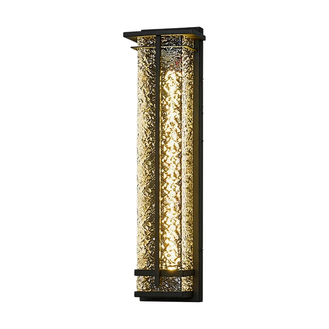 Medium outdoor wall sconce with black frame and warm textured glass lighting