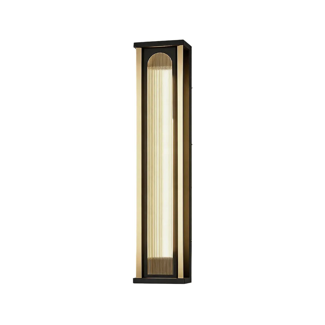 Medium outdoor wall sconce with warm LED glow and ribbed glass diffuser