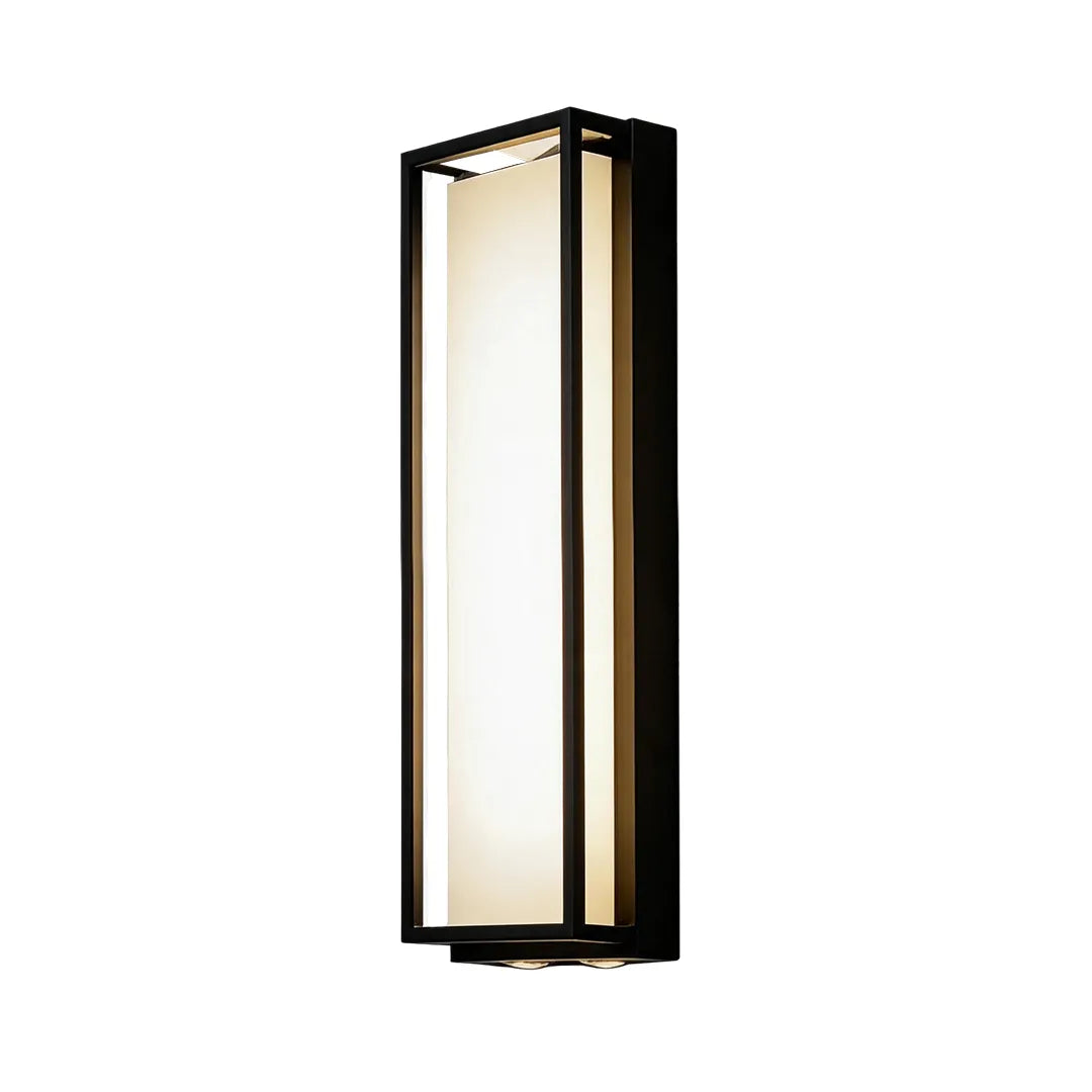 Medium rectangular outdoor wall sconce with black frame and warm LED glow