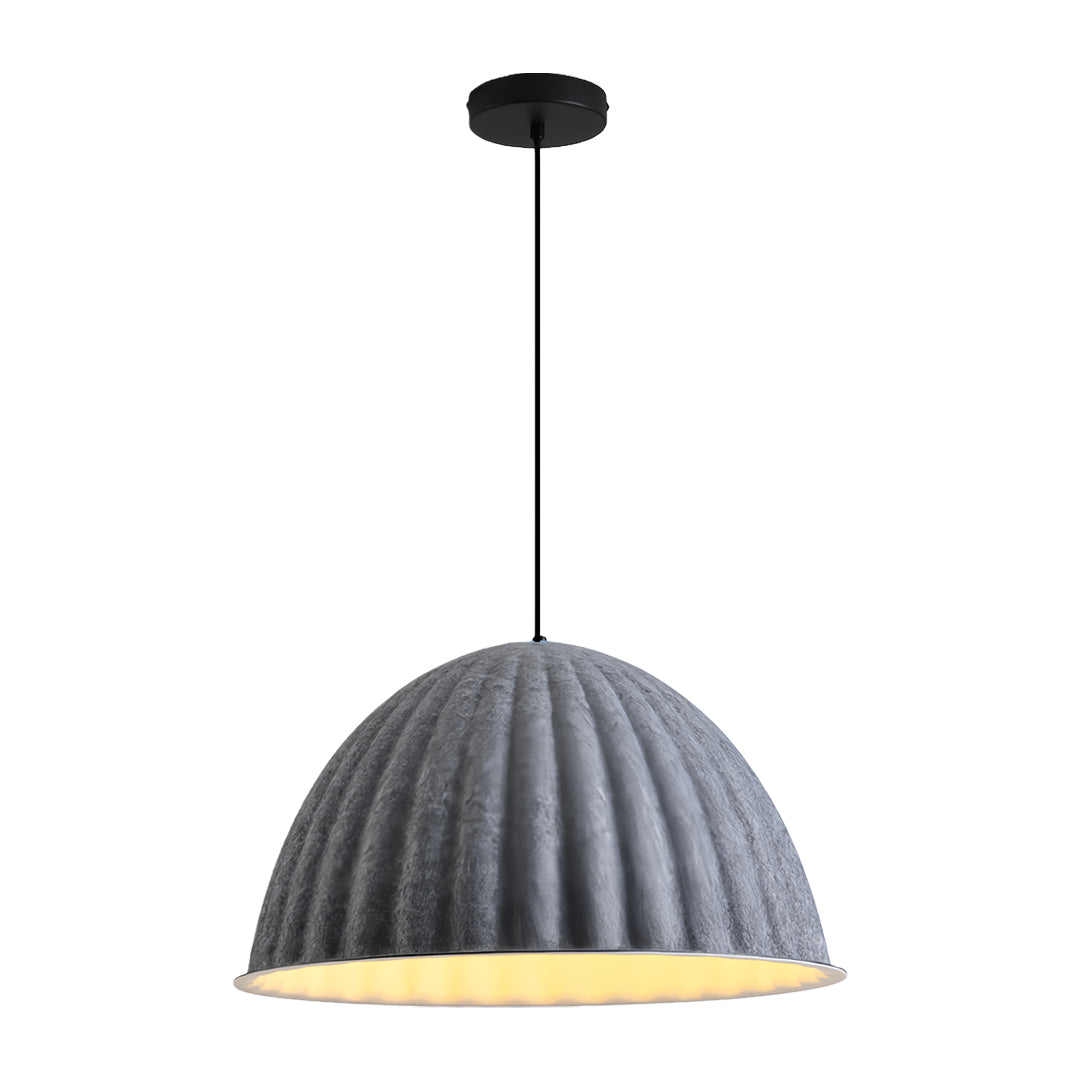 Isolated view of a medium-sized ribbed gray pendant light with a subtle textured finish and warm internal glow.