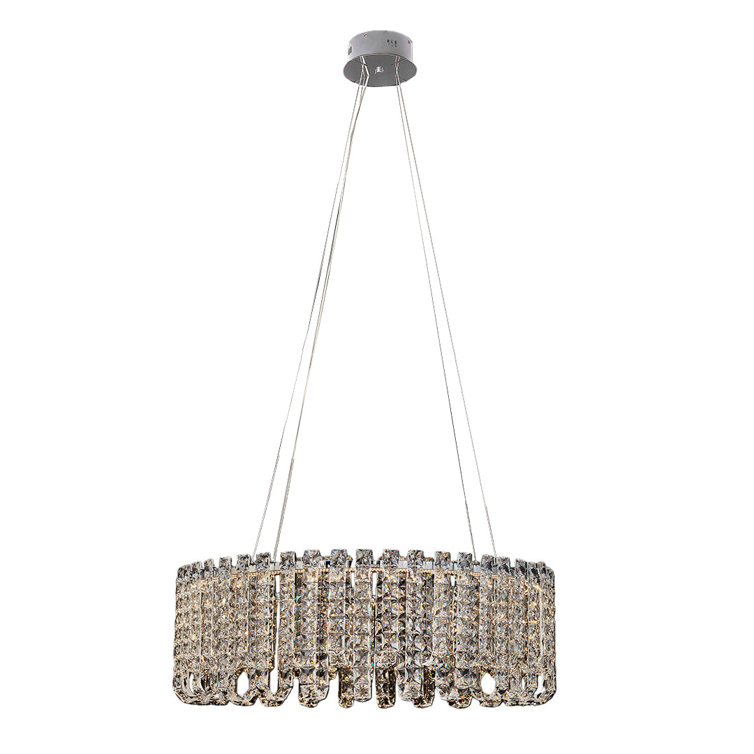 Medium round modern crystal chandelier with layered gold rings and clear crystals.