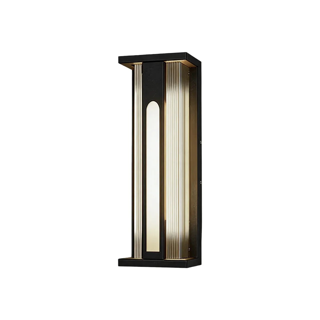 Medium solar wall sconce with black metal frame and warm LED glow