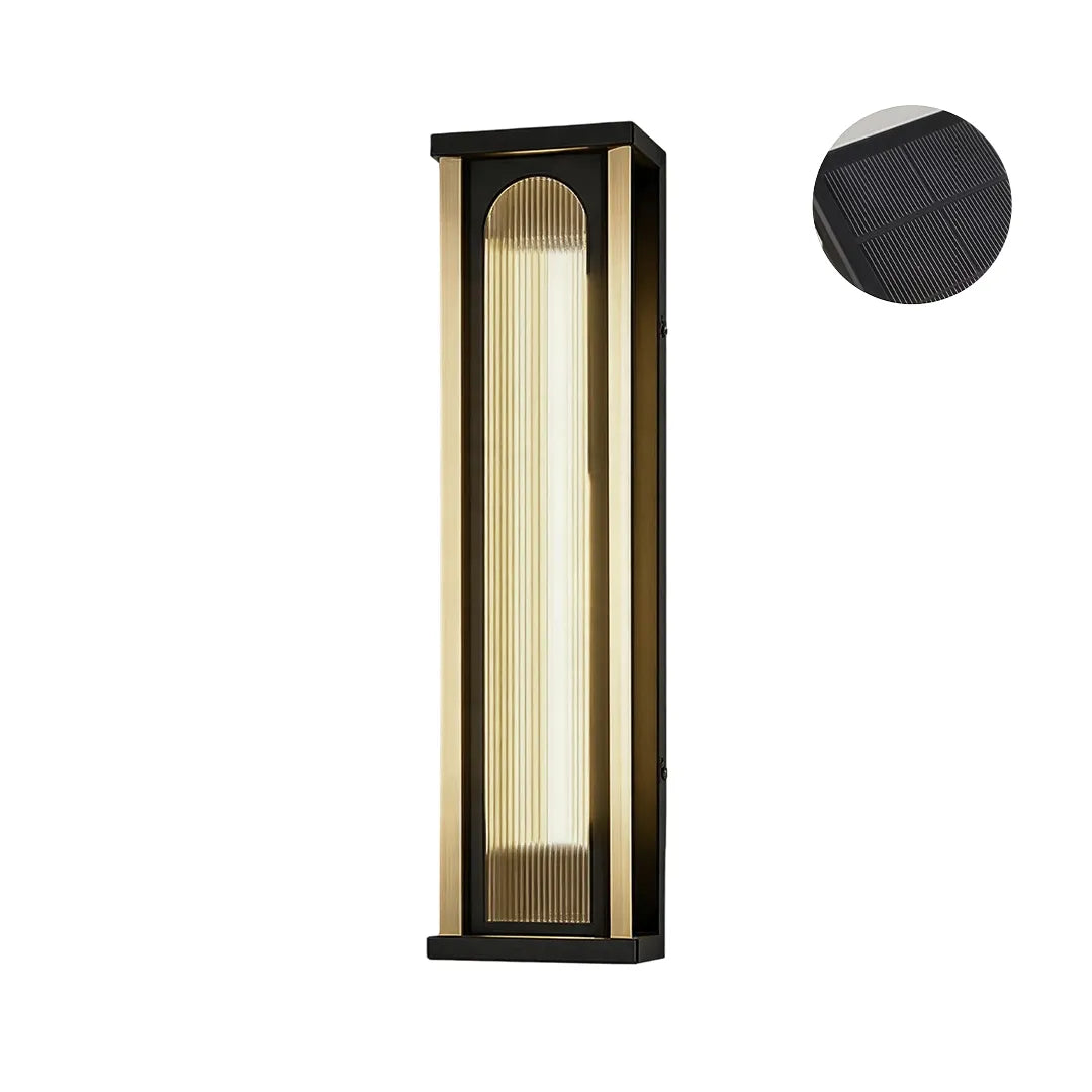 Medium solar wall sconce with black metal frame and vertical ribbed diffuser