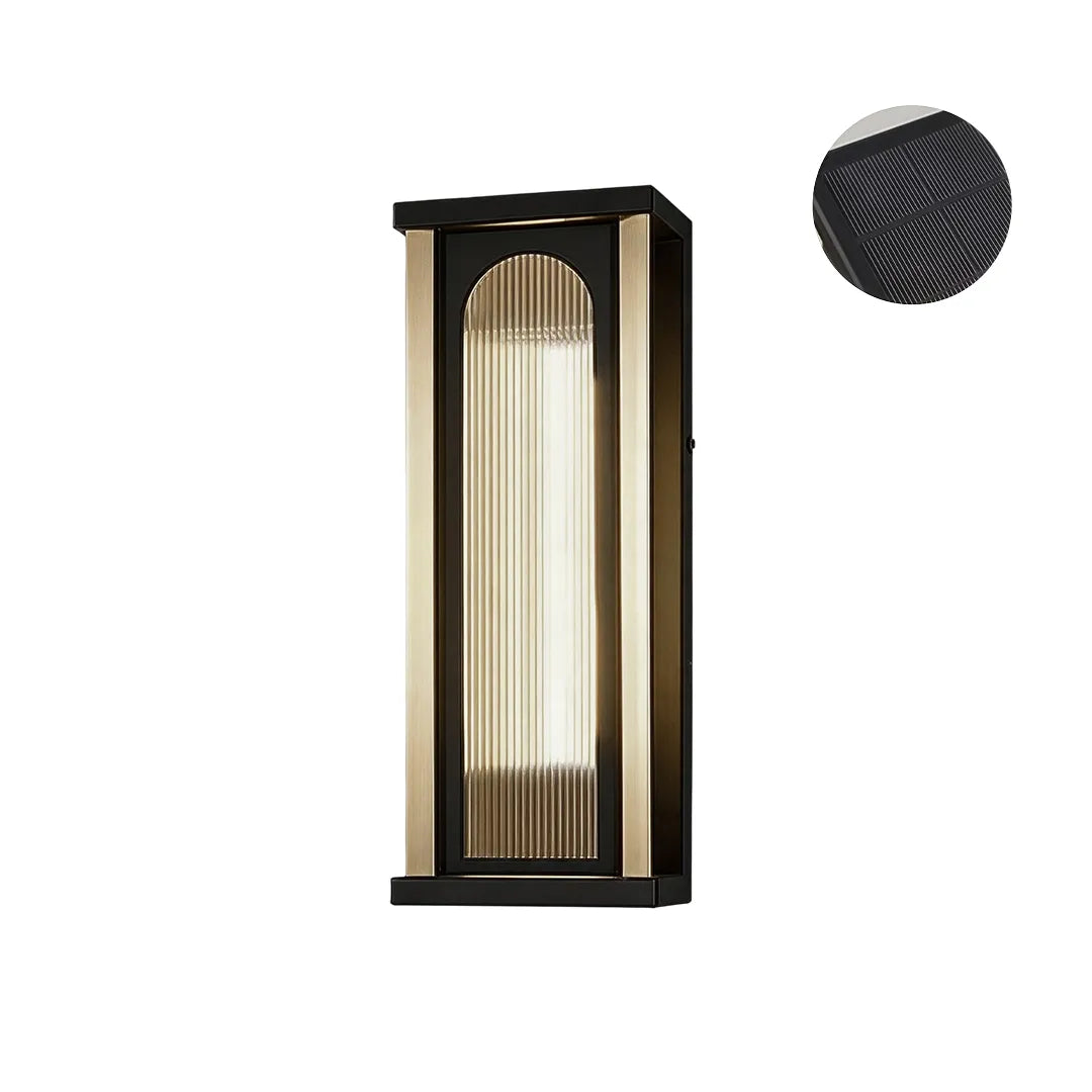 Medium solar wall sconce with black frame warm lighting and ribbed glass