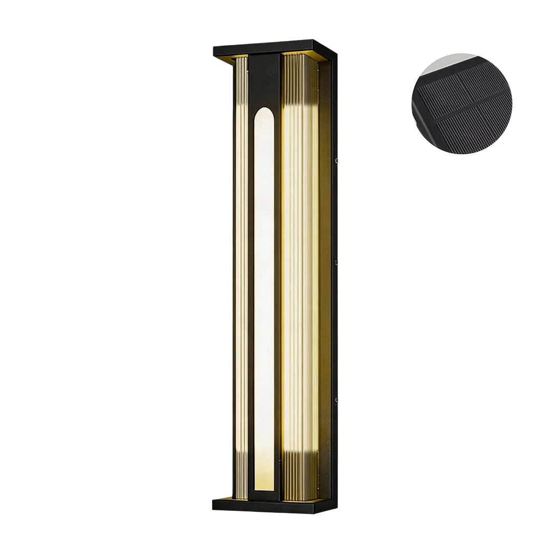 Medium solar wall sconce with black housing and integrated solar panel