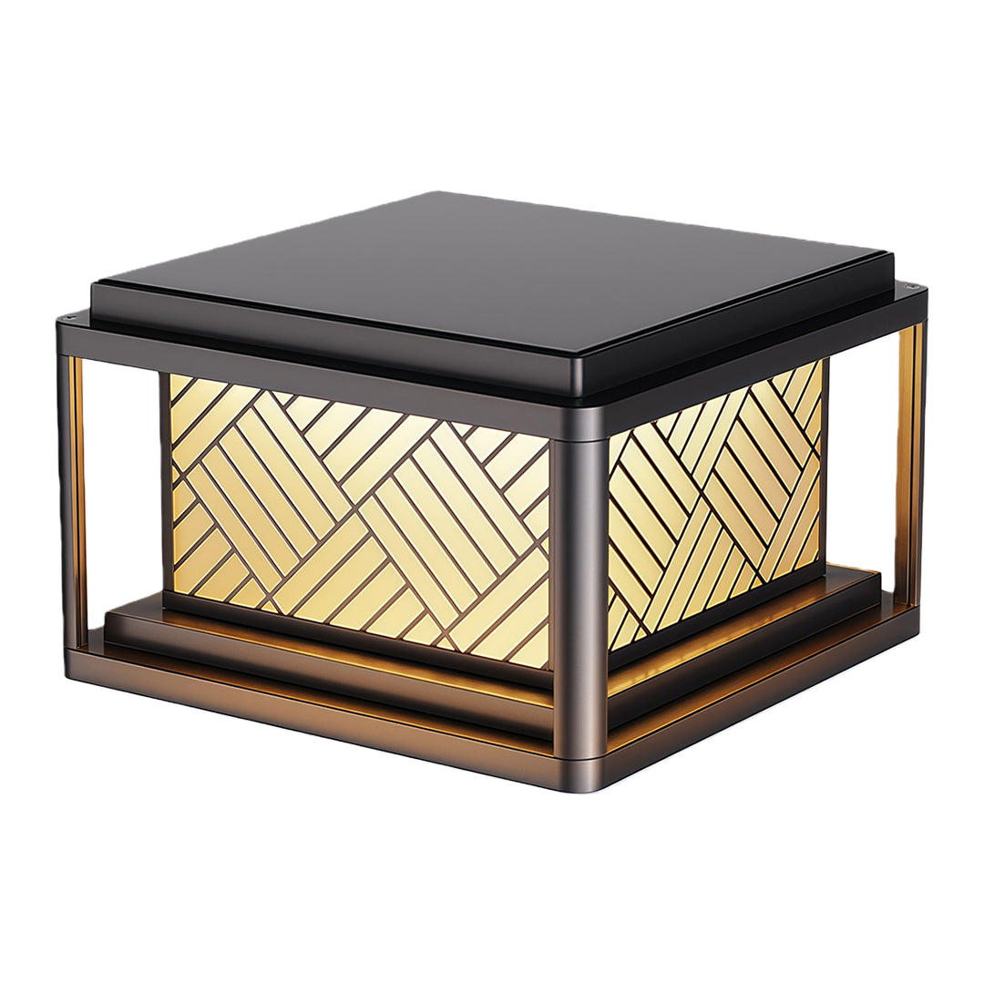 Medium-sized outdoor pillar LED light with warm glow and decorative lattice design.