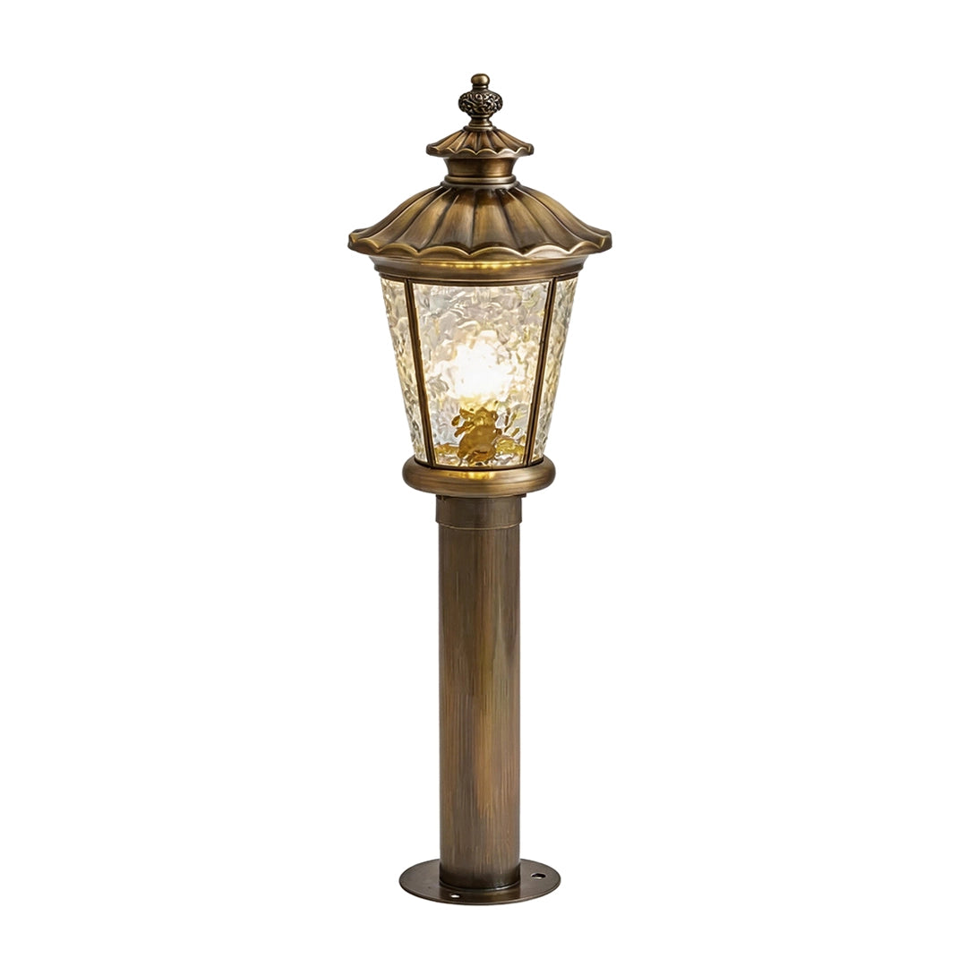 Medium vintage outdoor bollard light with bronze frame and textured glass