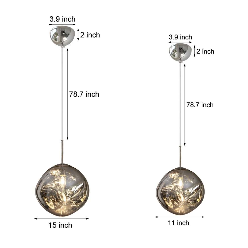Melt LED pendant light dimension diagram illustrating hanging height, canopy size, and globe diameter.