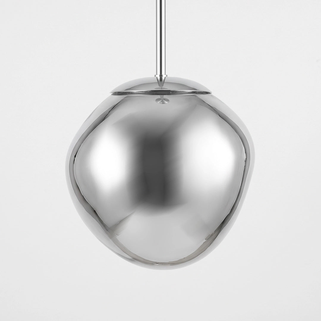 Melt LED pendant light with a smooth silver reflective shade suspended by a thin cable.