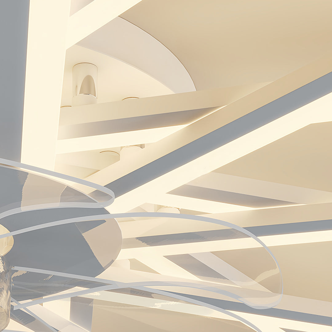 Angular view of metal ceiling fan with light displaying geometric blade shadows and finish detail