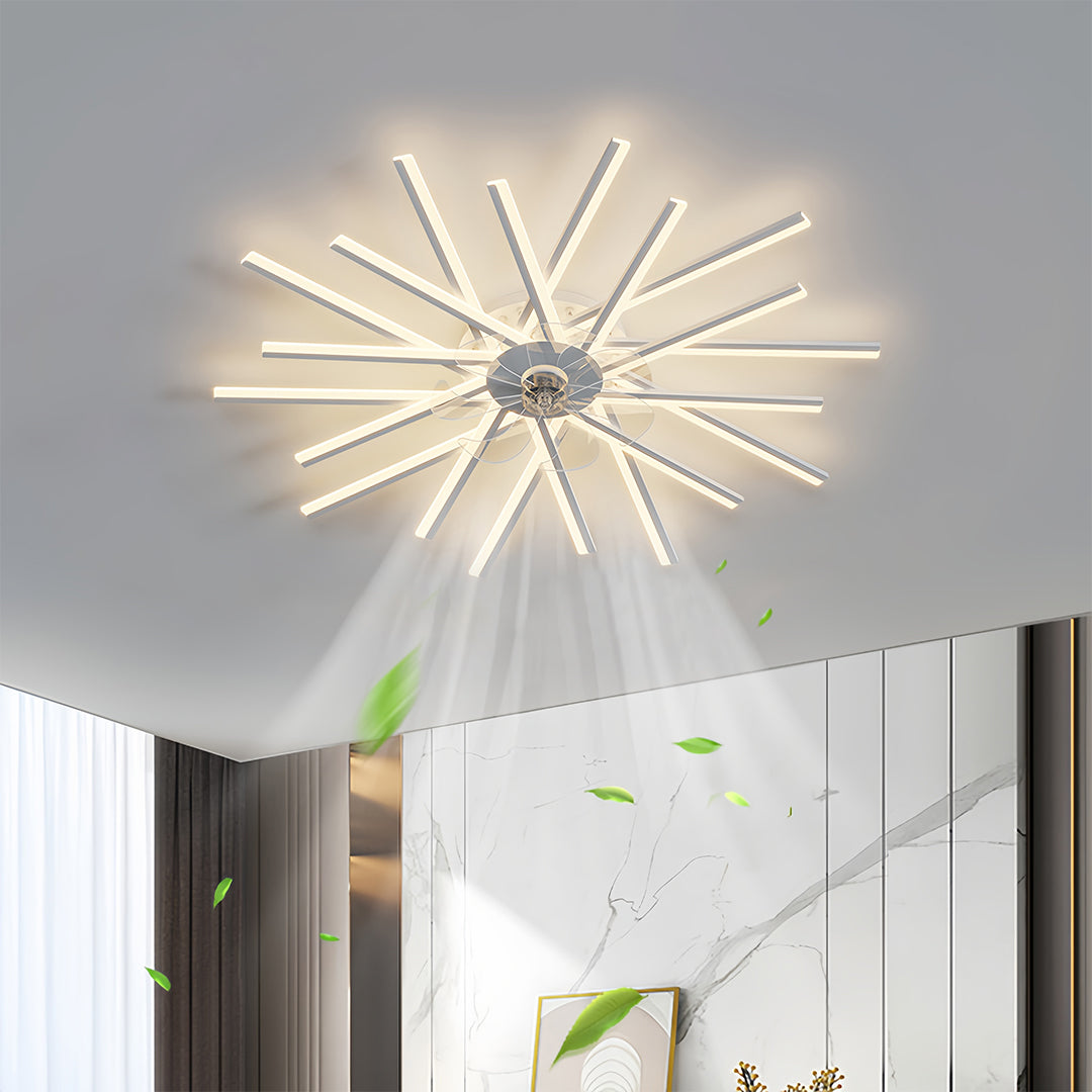 Metal ceiling fan with light illuminating children's room with playful decor and soft lighting