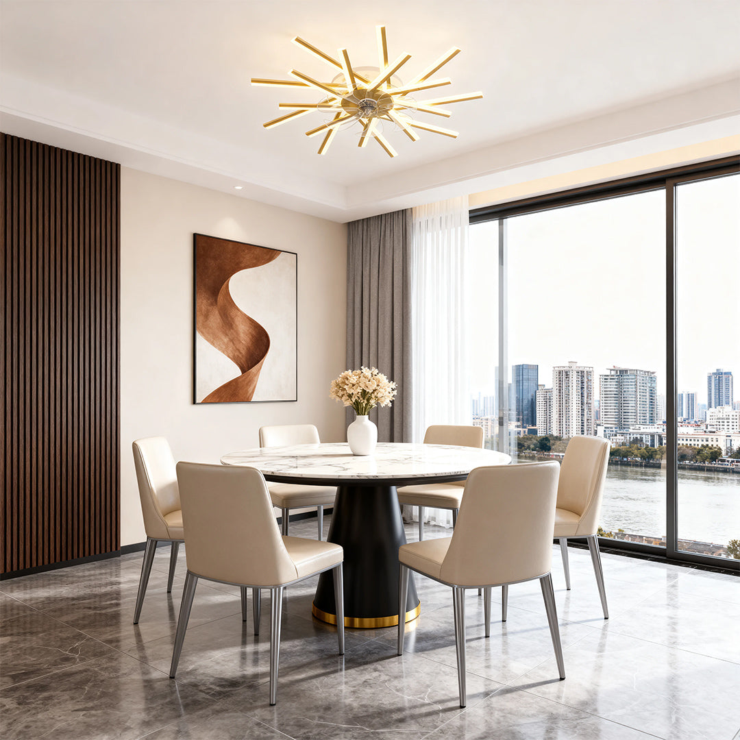 Metal ceiling fan with light installed in modern dining room with city views and neutral palette