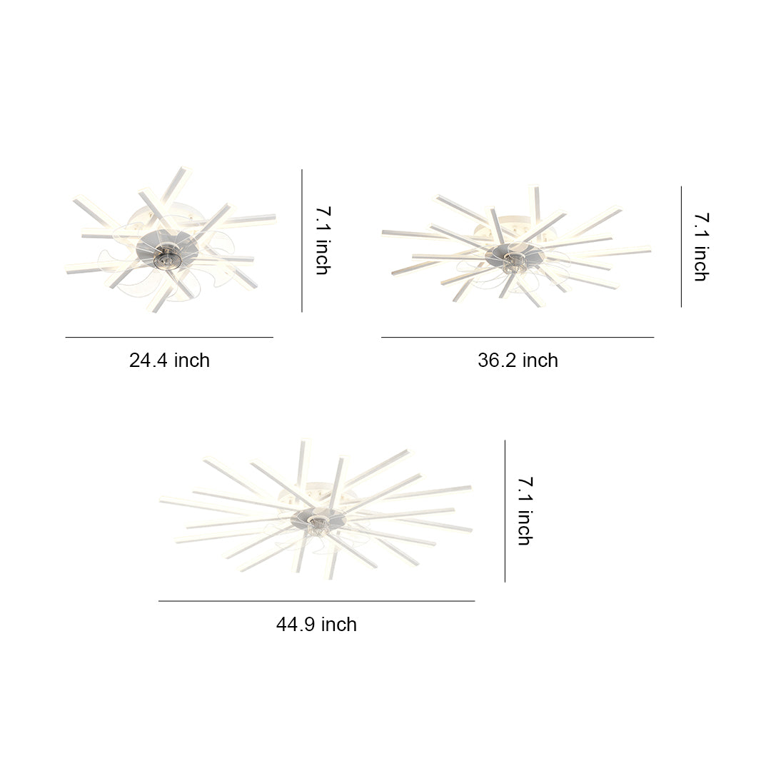 Size comparison chart showing three metal ceiling fan with light options in different dimensions