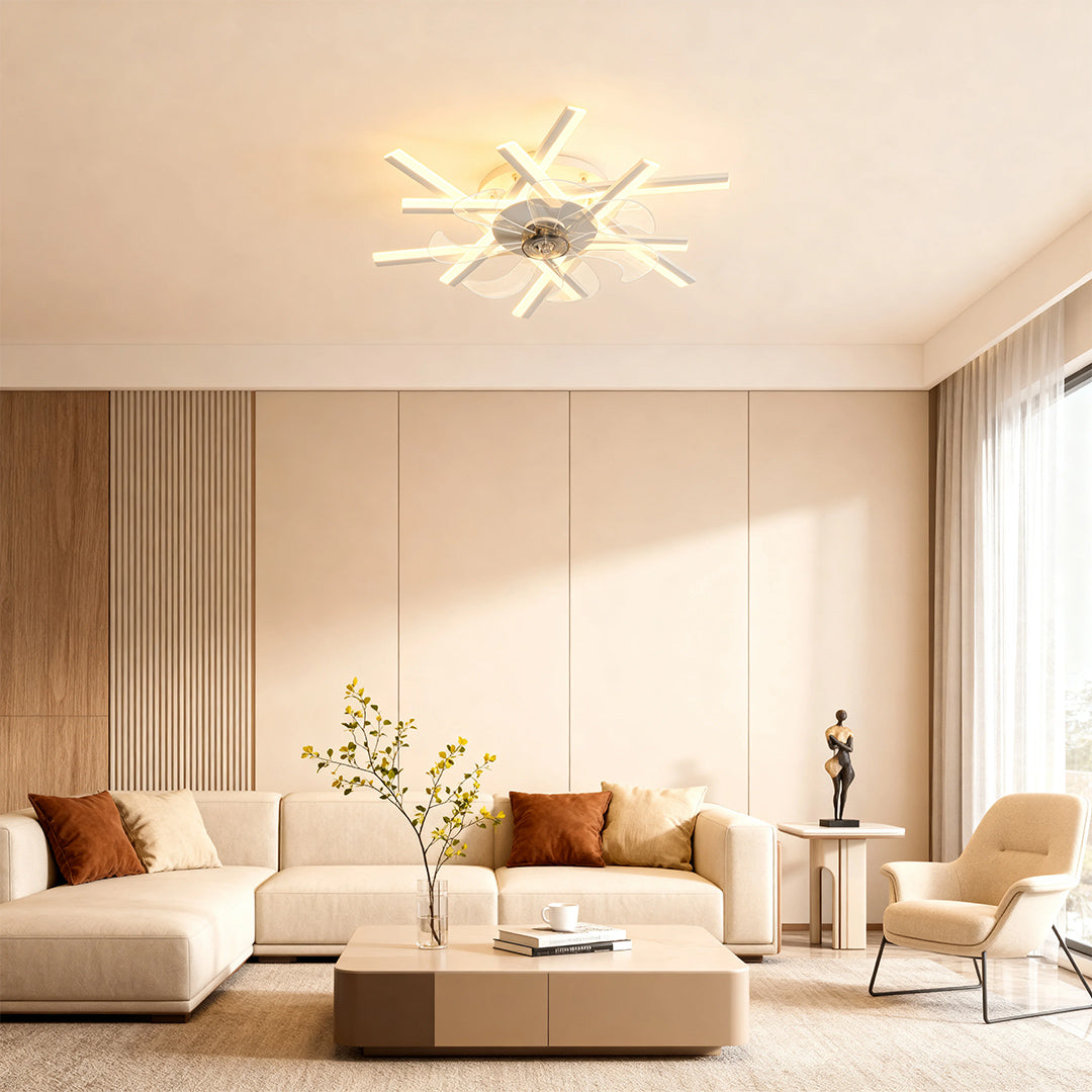 Metal ceiling fan with light enhancing contemporary living room with beige tones and natural light