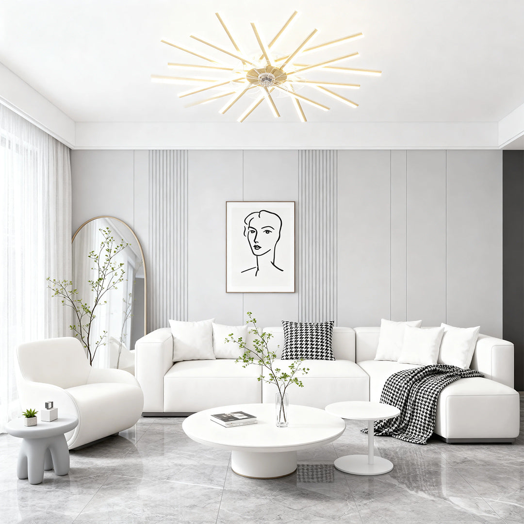 Metal ceiling fan with light brightening minimalist living space with white furniture and artwork