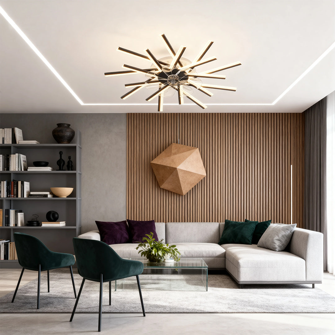 Metal ceiling fan with light creating focal point in sophisticated lounge with wood slat accent wall