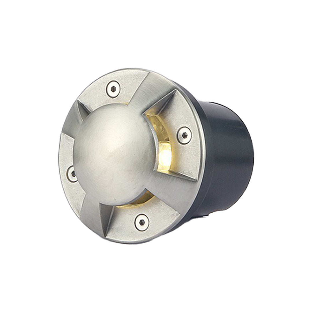 Metal deck lights providing ambient illumination for a contemporary garden.