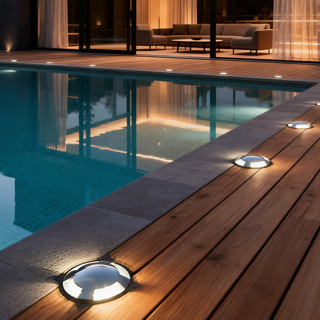 Metal deck lights enhancing a contemporary poolside deck with elegant directional light.