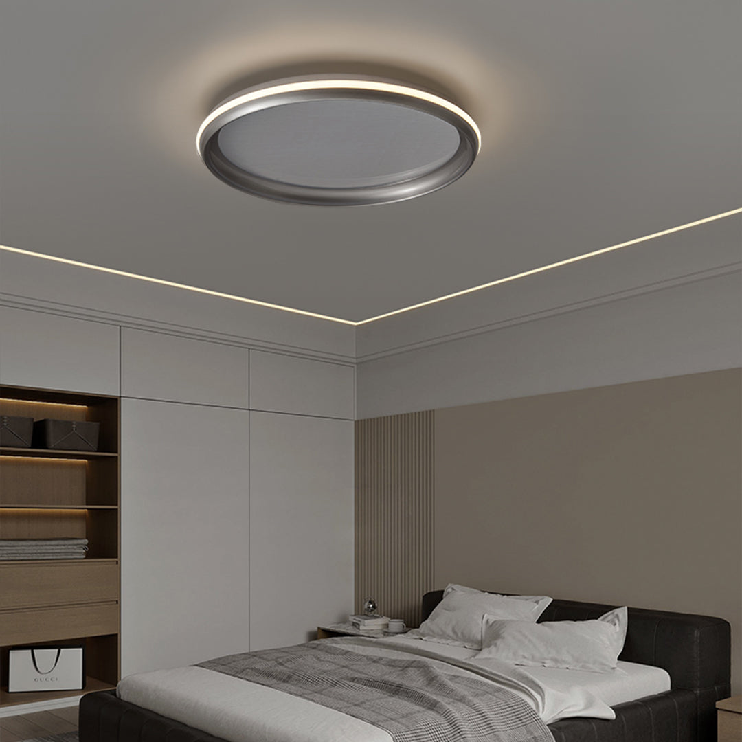 Metal flush mount light lighting effects, comparison of fully on and dimmed effects