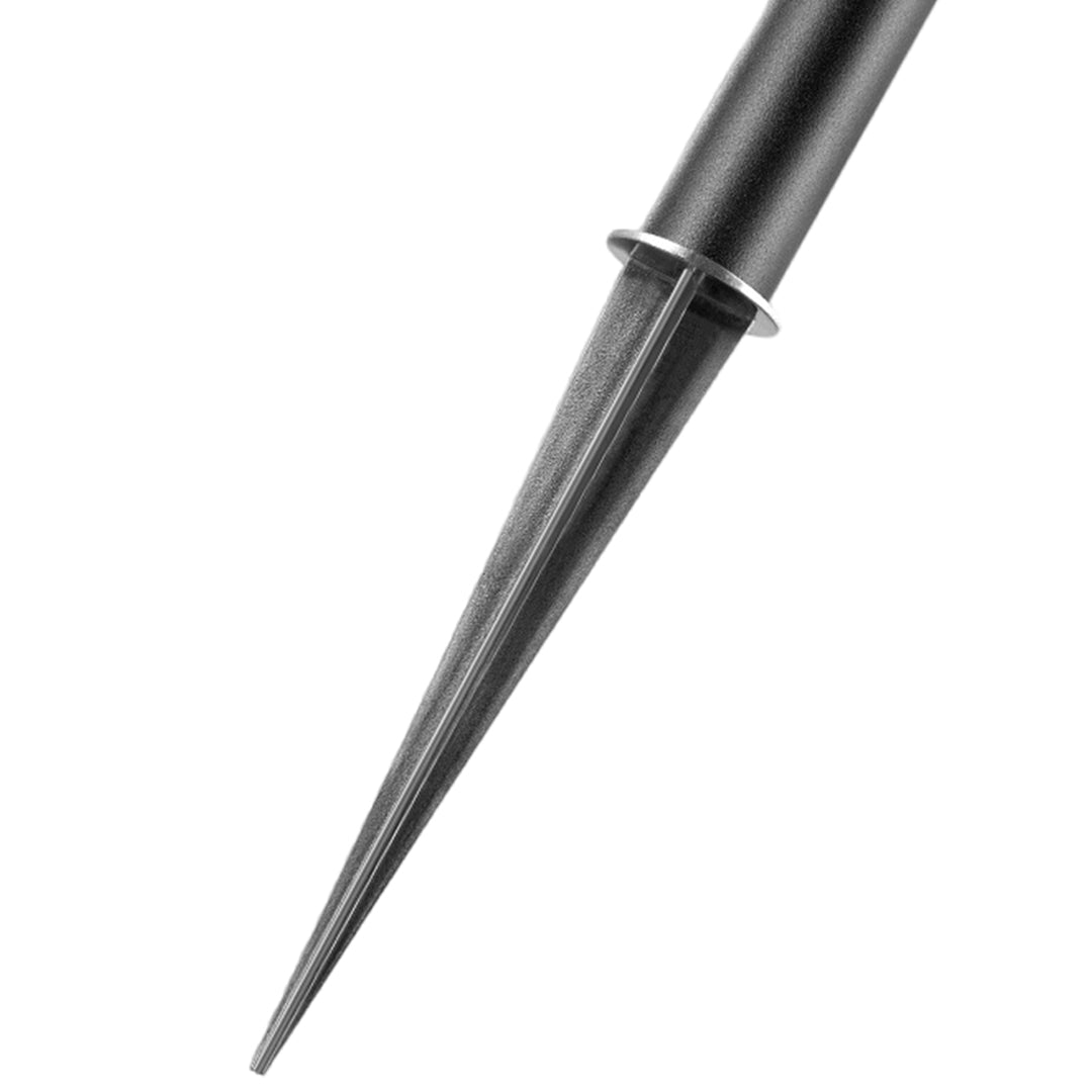 Close-up view of pointed metal ground spike for easy installation in soil