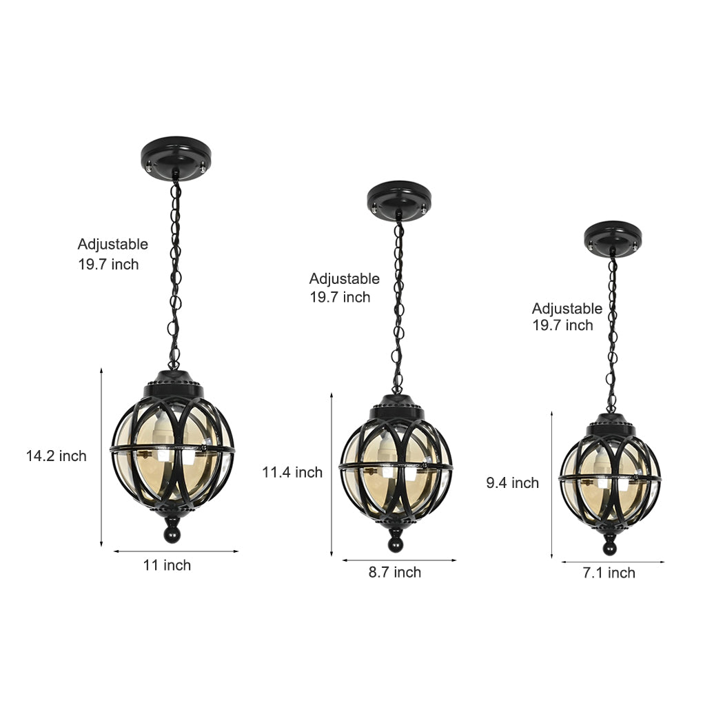 Metal orb pendant light size and dimension diagram, illustrating hanging height options and fixture proportions.