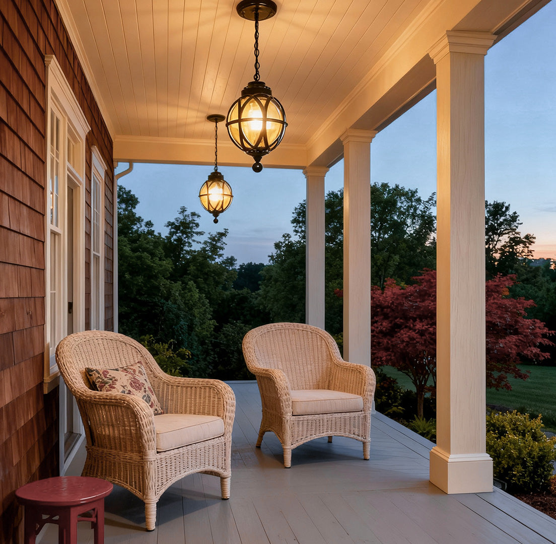 Metal orb pendant light installed on a cozy front porch seating area, creating a welcoming and classic outdoor ambiance.