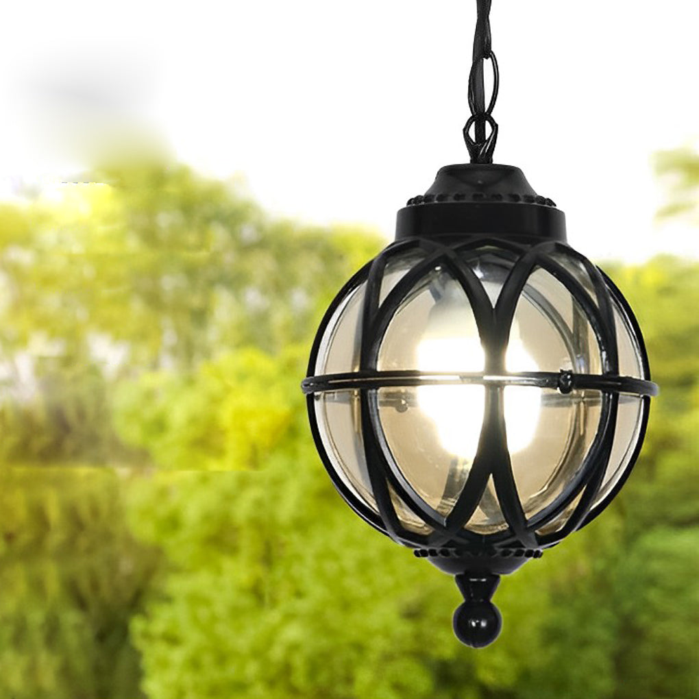 Close-up view of a metal orb pendant light with glass shade, suspended outdoors against a green garden background.