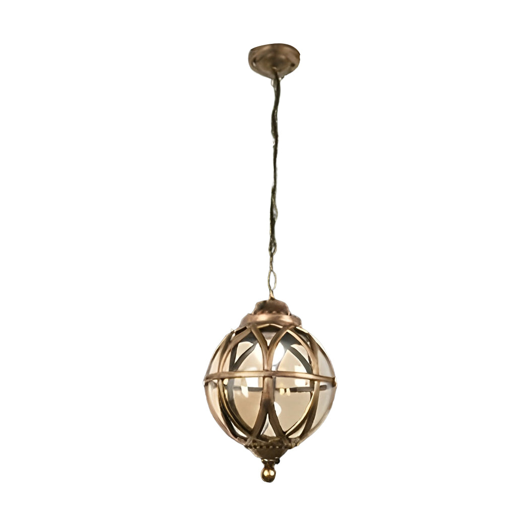Metal orb pendant light isolated on a white background, highlighting the spherical cage design and chain suspension.
