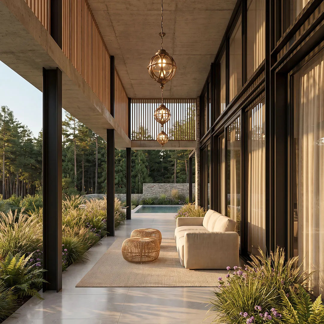 Metal orb pendant light hanging in a modern covered patio beside large windows and outdoor lounge seating.