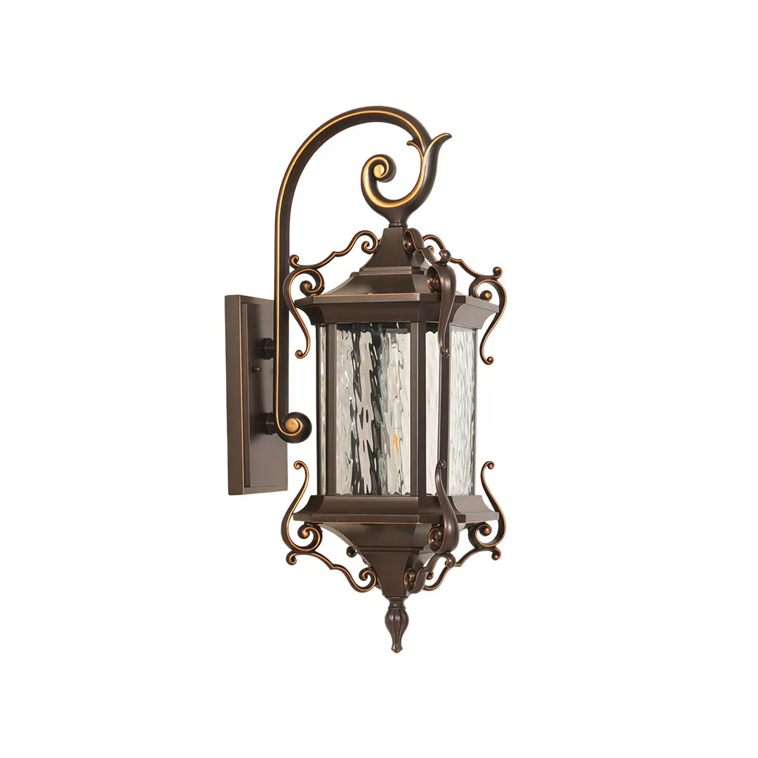 Metal outdoor wall sconce isolated on a white background, showing a traditional bronze lantern fixture for exterior entry lighting.