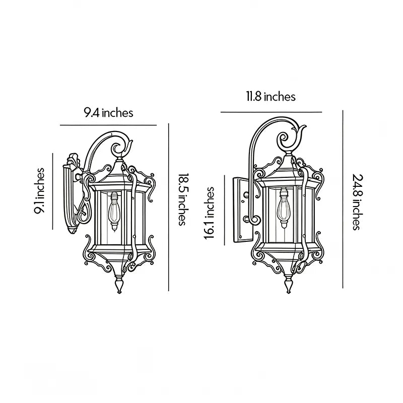 Metal outdoor wall sconce dimension drawing showing two size options with fixture height, width, and wall projection measurements.