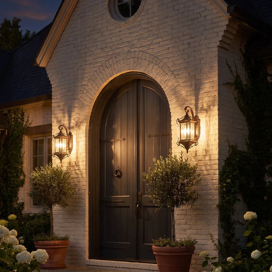 Metal outdoor wall sconces mounted beside a dark arched front door, adding warm lantern-style lighting to a white brick exterior.