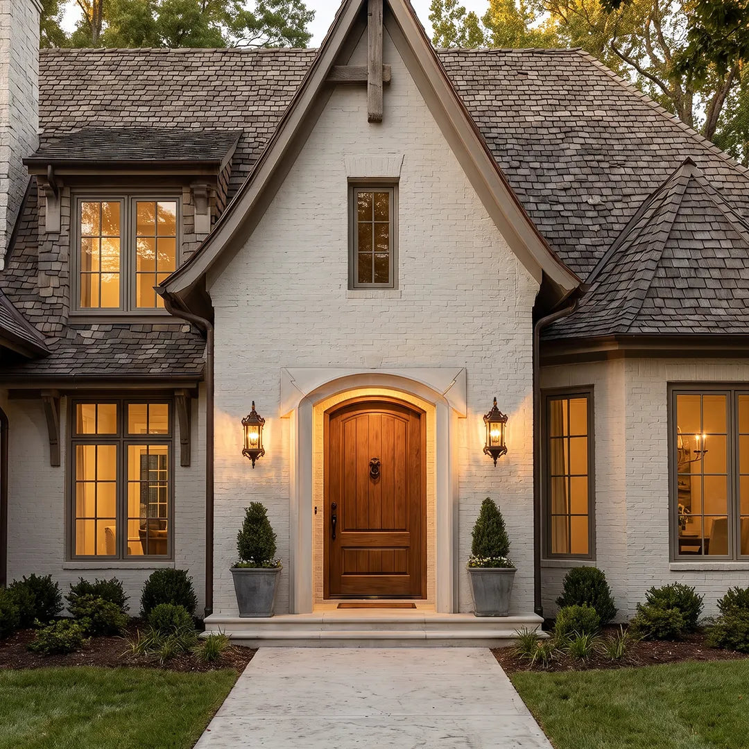 Metal outdoor wall sconces flanking a wood front door on a cottage-style home, creating balanced and welcoming entry lighting.
