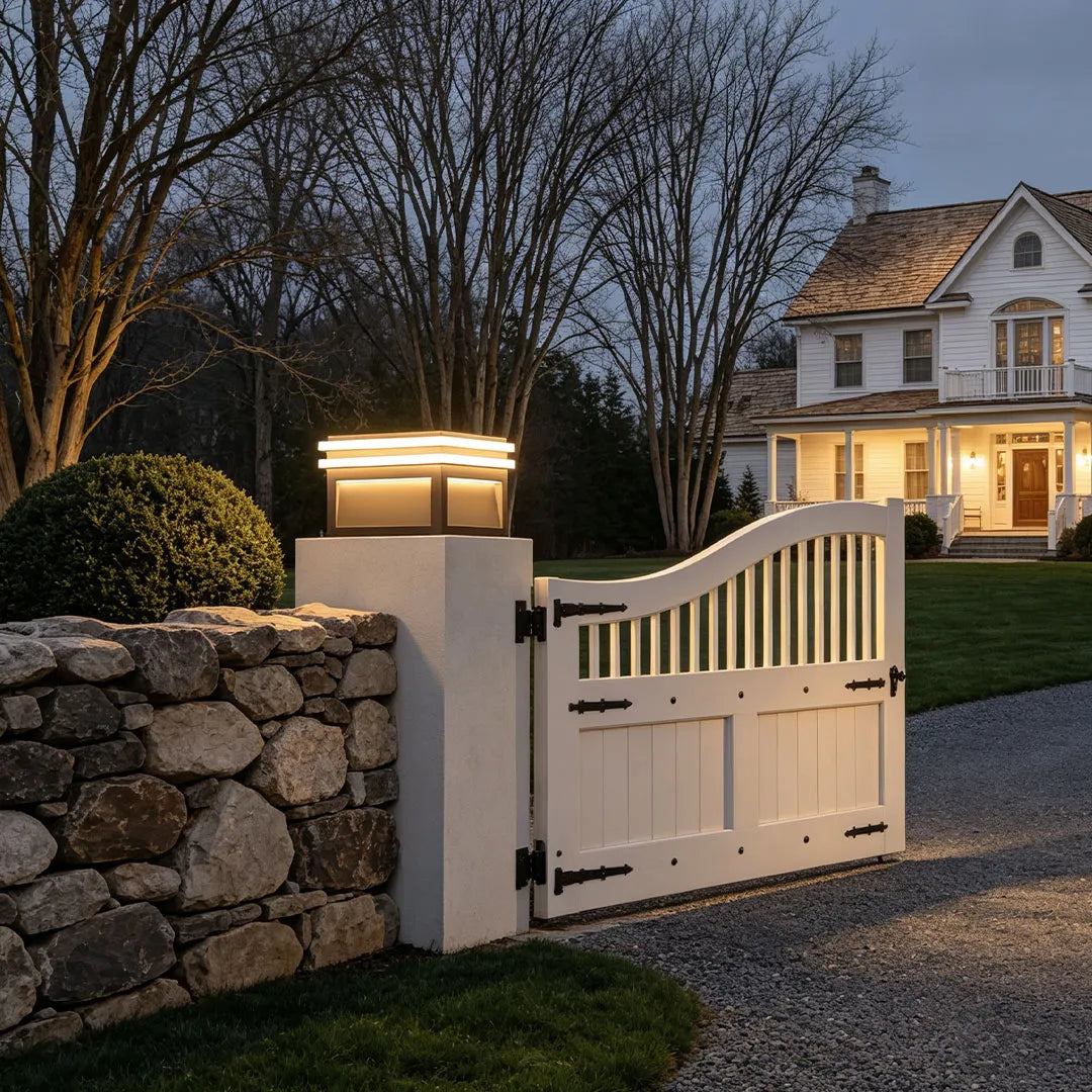 Metal pillar light mounted on a white gate post next to a stone wall at dusk.