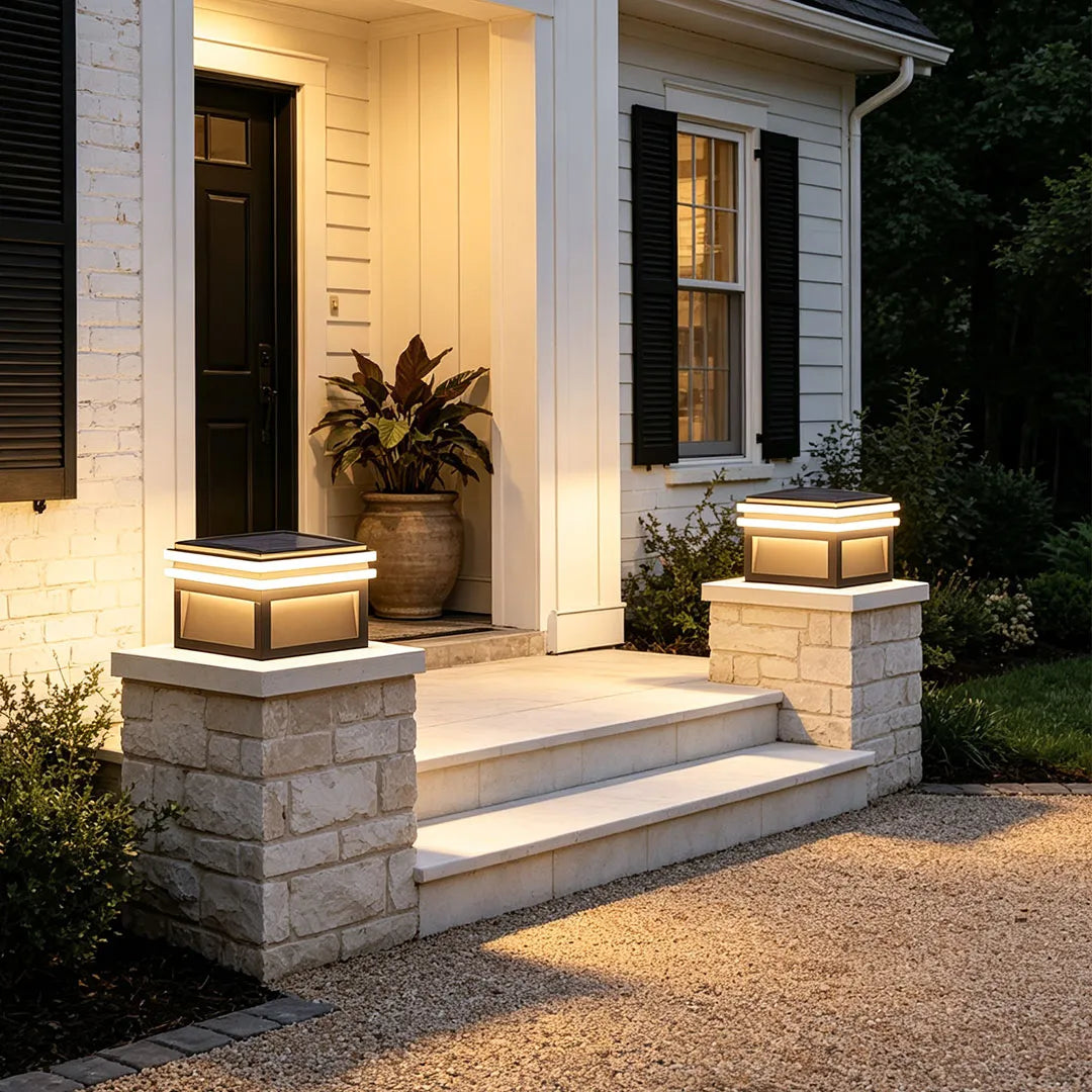 Metal pillar lights decorating brick porch posts beside outdoor steps and an entryway.