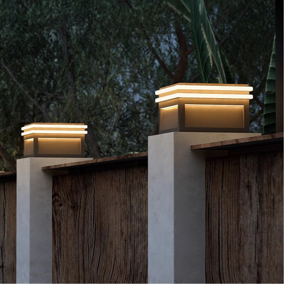 Technical drawing showing dimensions and specifications for rectangular metal pillar lights with integrated LED strips