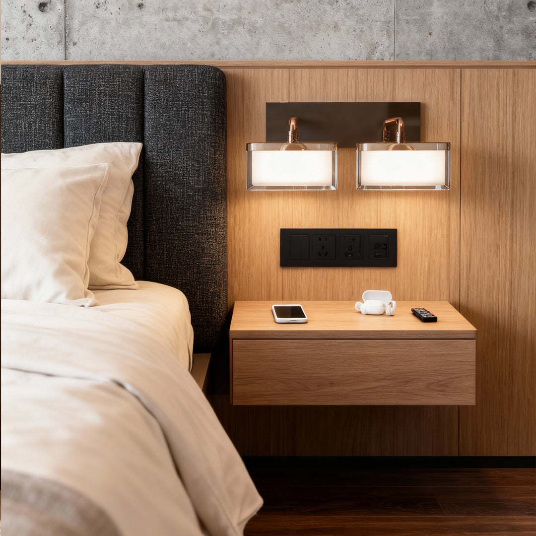Metal wall art with led lights mounted on wood panel wall beside modern nightstand in sophisticated bedroom interior