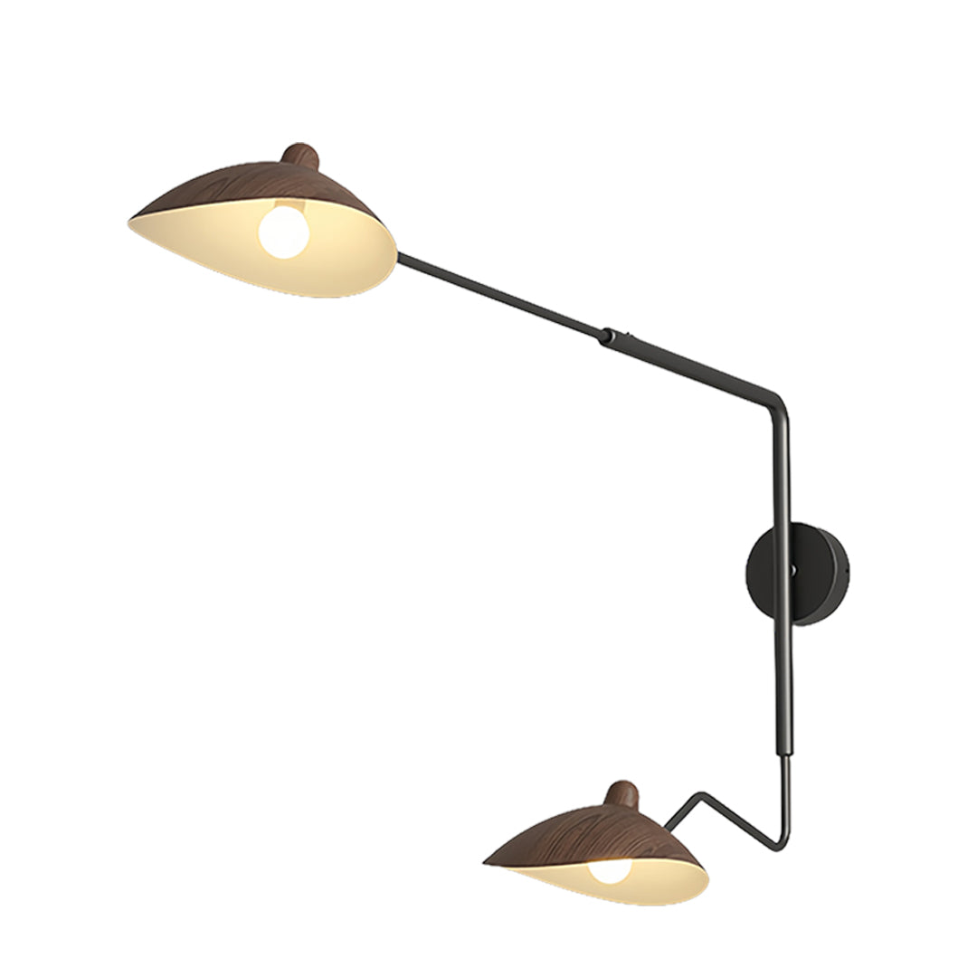 Swing arm wall light displaying options for the metal or wood-look shade finish in a quad image product array.