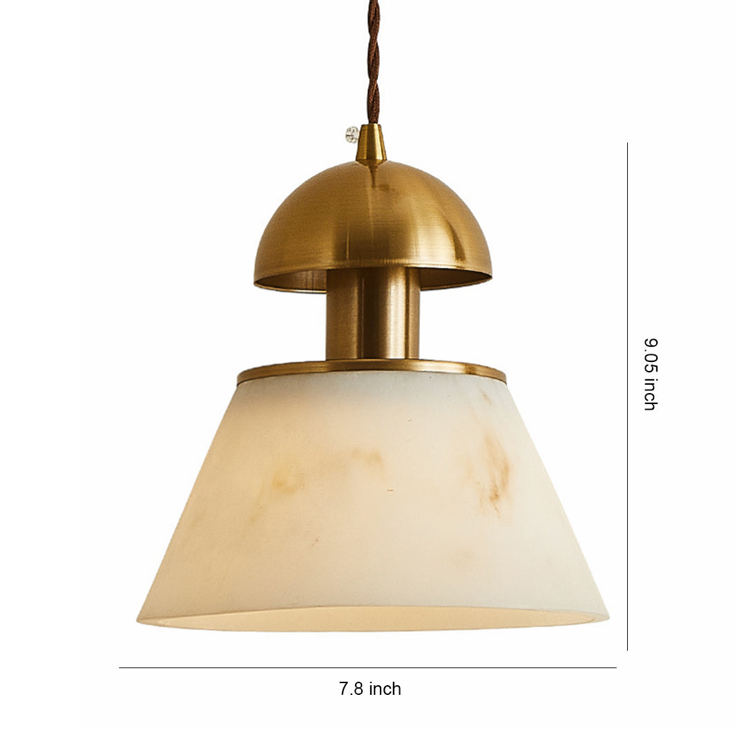 Metallic pendant lights with brass dome shade and cream conical diffuser in contemporary two-tier design