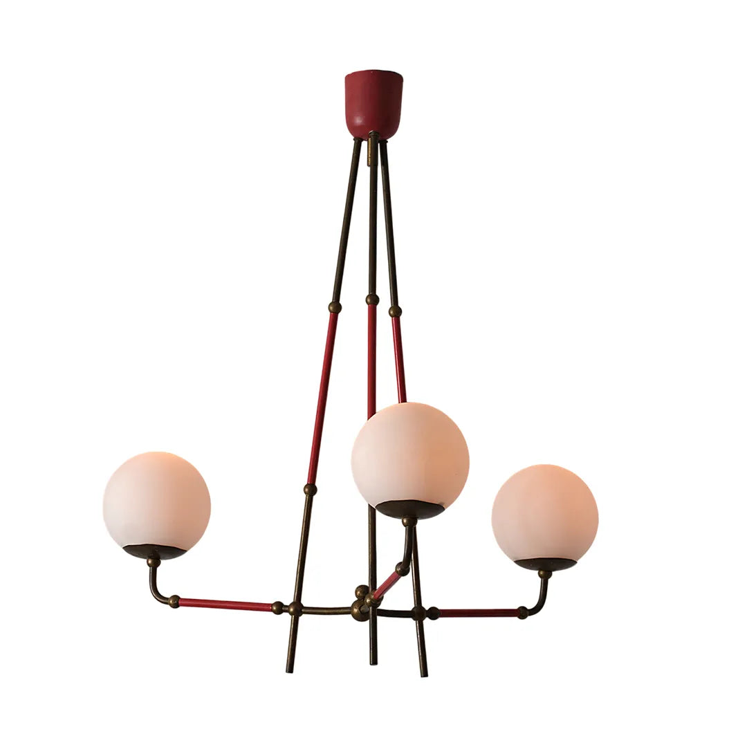 Mid century modern chandelier full product image showing the complete hanging fixture with three globe lights.