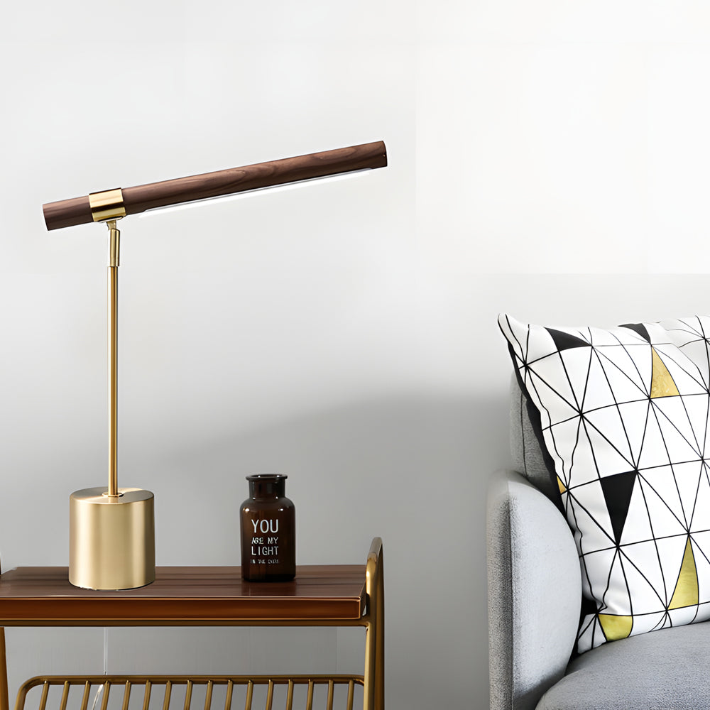 Mid century modern wood and brass lamp with a close-up of the wooden and brass details.