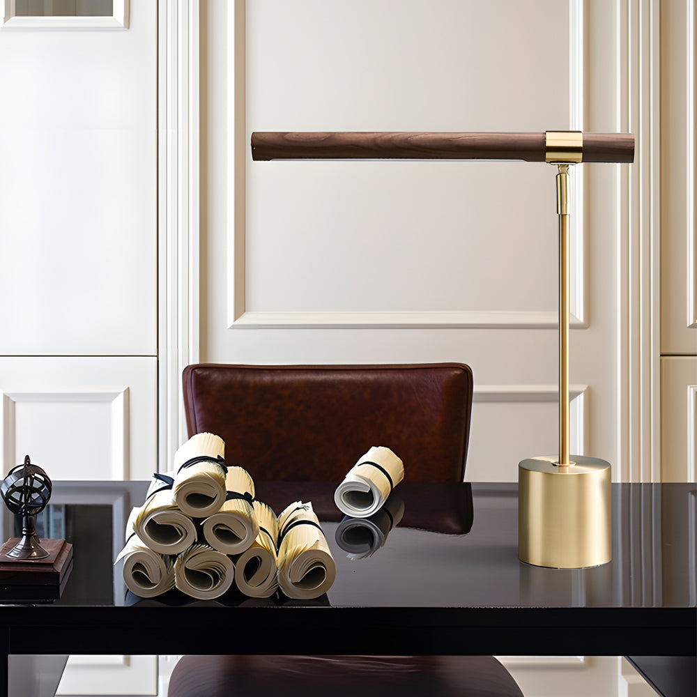 Mid century modern wood and brass lamp enhancing a contemporary desk with elegant, retro design.