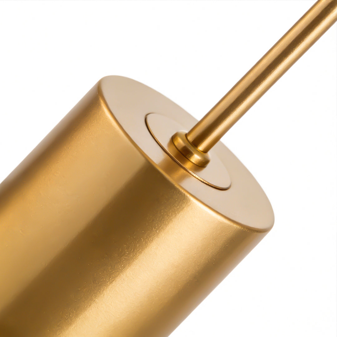 Mid century modern wood and brass lamp in minimalist style, front view of the sleek design.