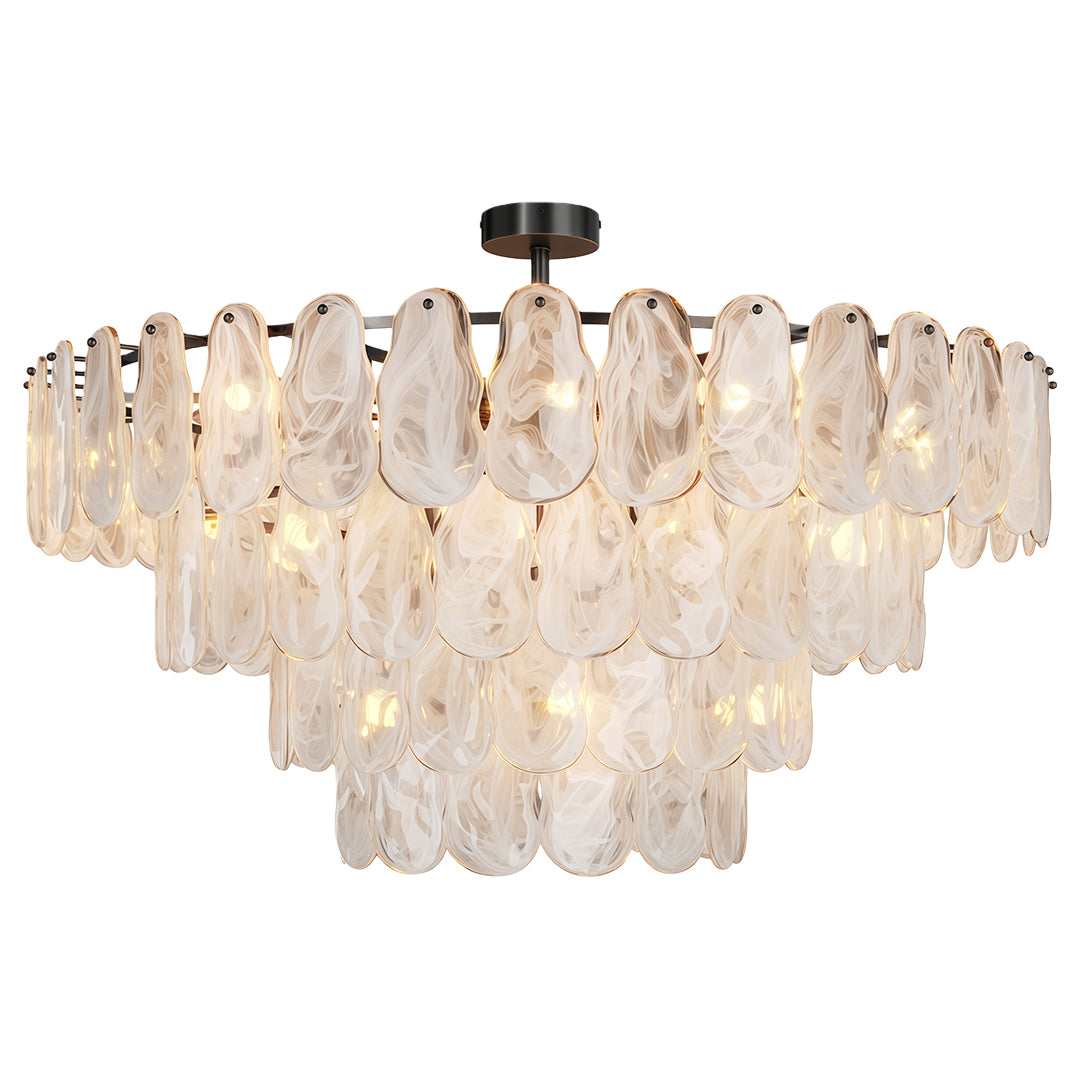 Modern luxury chandeliers enhancing minimalist dining room with curved seating and neutral palette