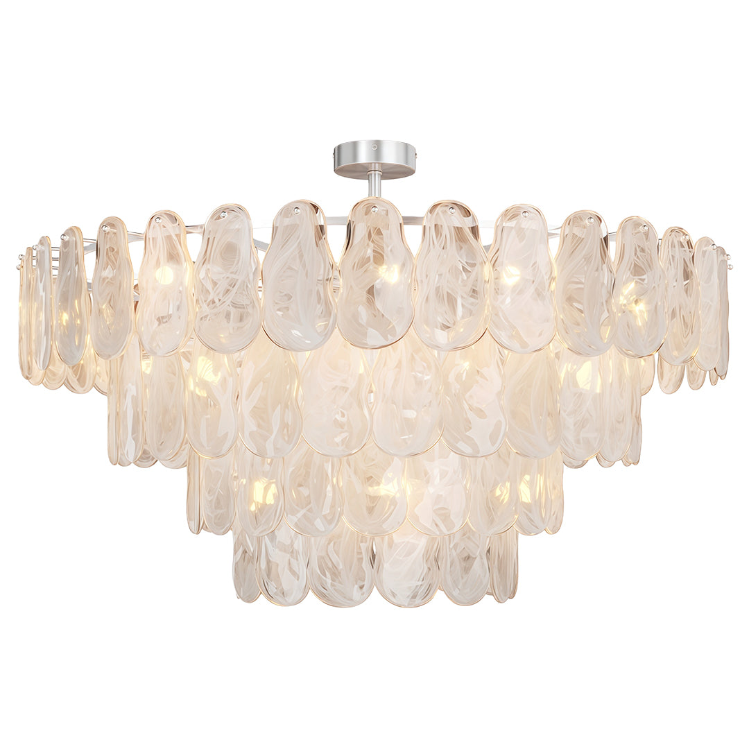 Midcentury modern chandelier illuminating cozy bedroom with brown curtains and city view.