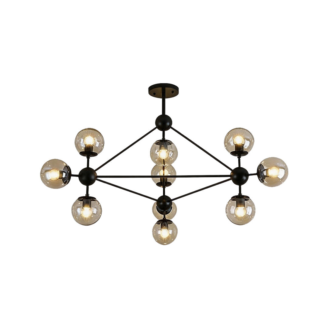 Midcentury modern chandeliers black finish version with symmetrical globe light arrangement.